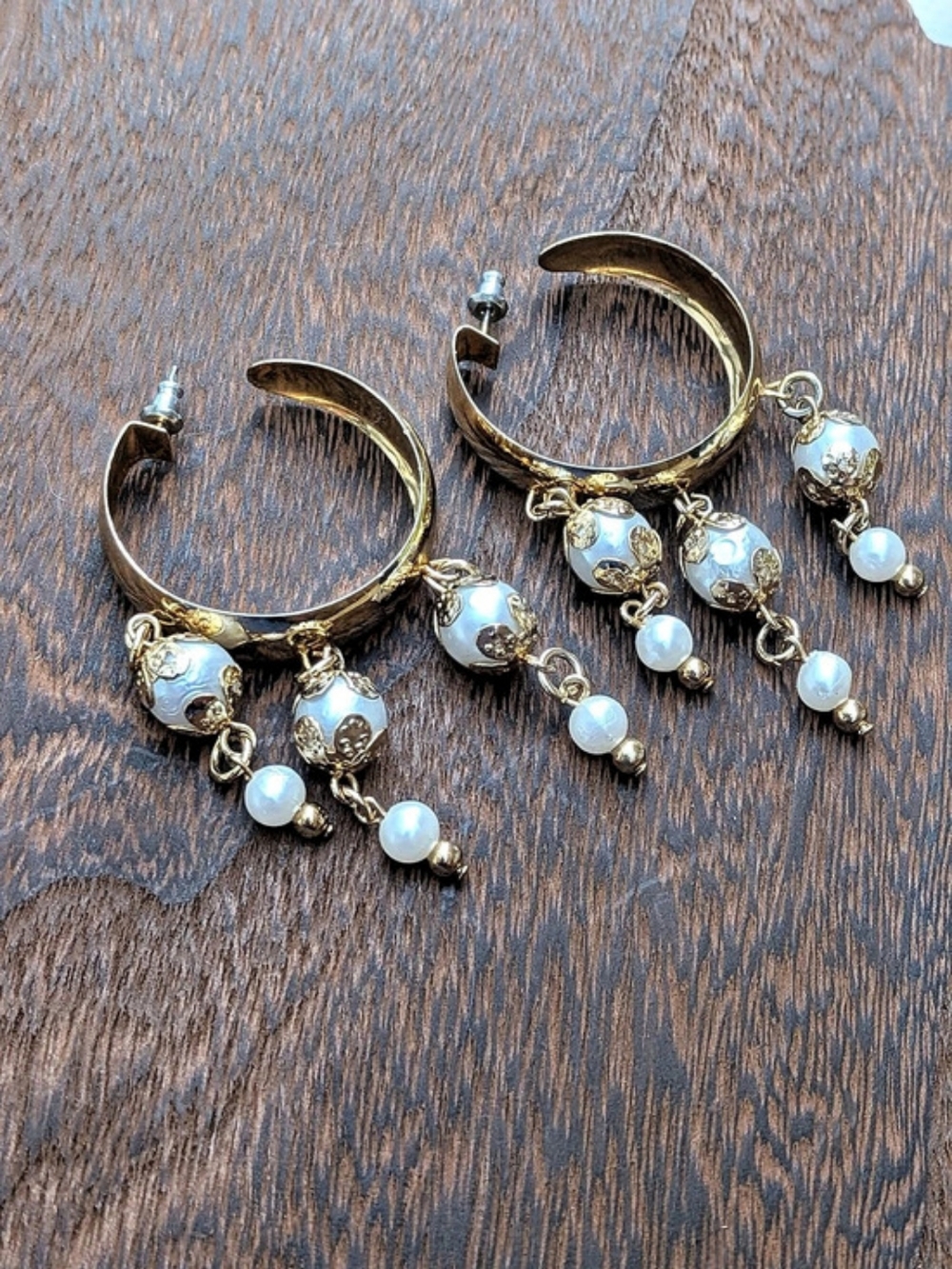 Vintage Gold Hoop Chandelier Earrings with Filigree Faux Pearl Dangles